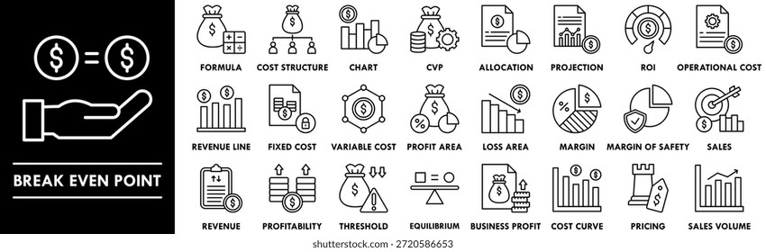 Conjunto de colección de iconos de esquema de punto de equilibrio. Diseño que contiene negocios, beneficios, finanzas, análisis, ingresos, estrategia
