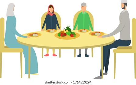 Break fasting vector concept, with group of Muslim family eating together