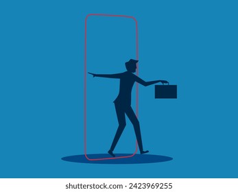 Break free from boundaries. Businessman leaves comfort zone. Vector 