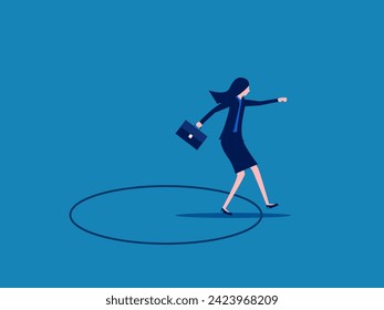 Break free from boundaries. Businesswoman leaves comfort zone. Vector 