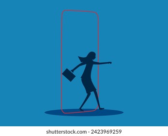 Break free from boundaries. Businesswoman leaves comfort zone. Vector 