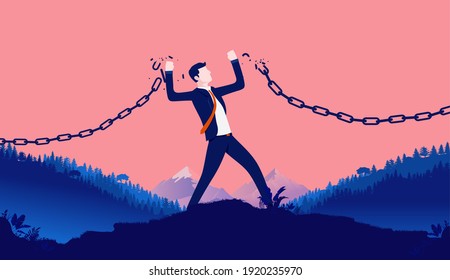 Break Free Business - Businessman Breaking Chains To Freedom On Hilltop. Vector Illustration.