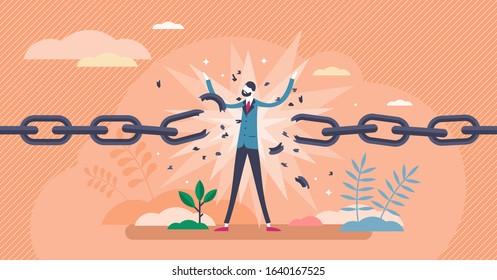 Break free concept,flat tiny person vector illustration.Achieving personal freedom.Independence mental state growth and resistance to social standards.Stylized abstract breaking chains metaphor symbol