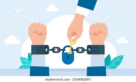 Break free or freedom concept. Prisoner release. Freedom concept. Man in handcuffs. Man hand with key unlocking shackles. Unlocking handcuffs. End of arrest. Vector illustration