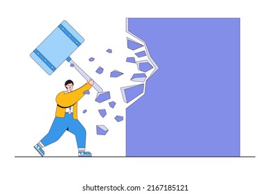 Break free, quit exhausted day job to start a new business, escape for freedom, resign from toxic workplace, or consider retirement concepts. Businessman holding a hammer breakthrough the wall.