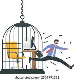 Break free, quit exhausted day job to start new business, escape for freedom, resign from toxic workplace or retirement concept, confidence businessman break free from toxic working desk bird cage.

