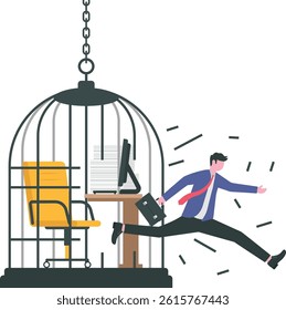 Break free, quit exhausted day job to start new business, escape for freedom, resign from toxic workplace or retirement concept, confidence businessman break free from toxic working desk bird cage.

