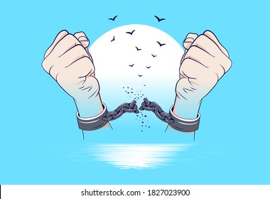 Break free - Two hand braking chains and birds flying in background. Freedom, free will and personal growth concept. Vector illustration.