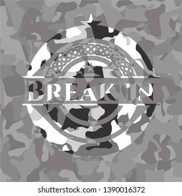 Break in grey camo emblem. Vector Illustration.