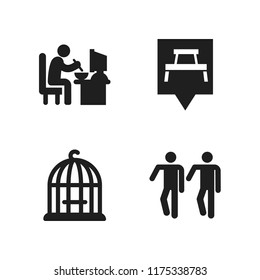 break icon. 4 break vector icons set. bird cage, man sitting in his job desk eating lunch and rest area pin icons for web and design about break theme