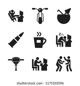 break icon. 9 break vector icons set. jackhammer, bullet and comfortable office worker with his legs lying on the desk icons for web and design about break theme
