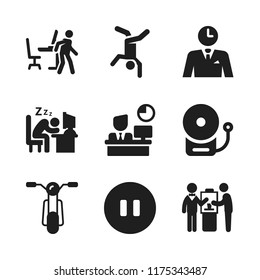 break icon. 9 break vector icons set. businessman thinking about time, pause button and office worker sleeping on his desk at job icons for web and design about break theme