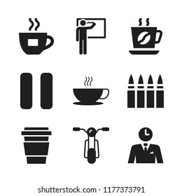 break icon. 9 break vector icons set. businessman thinking about time, coffee cup and motorbike icons for web and design about break theme