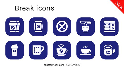break icon set. 10 filled break icons. Included Coffee, Coffee bag, No smoking, Tea, Coffee maker, Mug, shop, Teapot icons