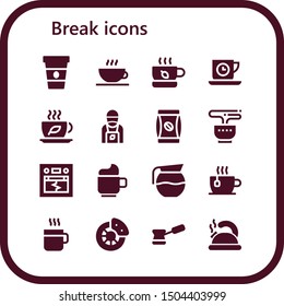 break icon set. 16 filled break icons.  Simple modern icons about  - Coffee, Coffee shop, Tea, Tea time, Barista, Coffee bag, Earthquake, Cup, pot, Break, Teapot