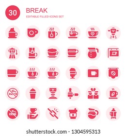 break icon set. Collection of 30 filled break icons included Coffee, Coffee cup, Tea, Tea cup, Coffee maker, Latte, Cup, pot, Irish No smoking, Broken heart, Hydraulic breaker