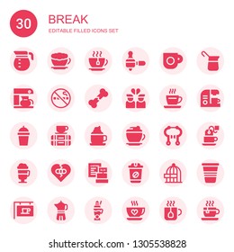 break icon set. Collection of 30 filled break icons included Coffee pot, Latte, Tea, Coffee maker, Coffee cup, No smoking, Broken bone, Broken heart, Break, Mocha, Brake