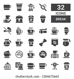 break icon set. Collection of 32 filled break icons included Coffee, Hydraulic breaker, Cup, Latte, Freedom, Tea, Break, No smoking, Mocha, Coffee pot, Broken bone, Tea cup, Irish coffee