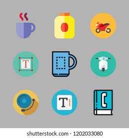 break icon set. vector set about coffee cup, motorbike, text and coffees icons set.