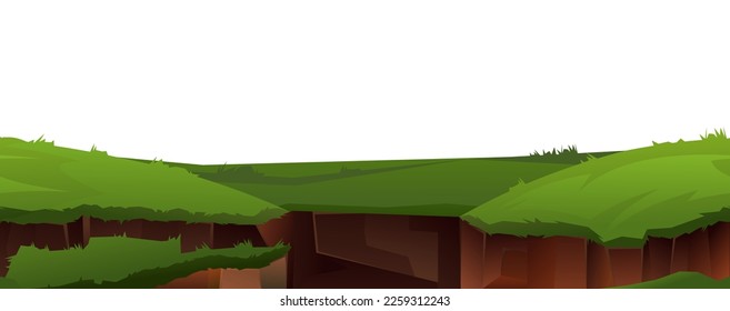 Break into abyss. Crack in ground. Soil burst into grass meadow. Isolated on white background. Cartoon style illustration. Vector.