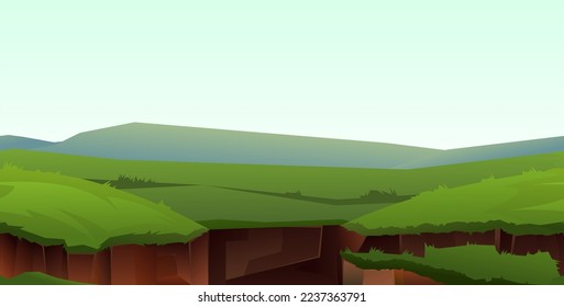 Break into abyss. Empty fog horizon. Crack in ground. Soil burst into grass meadow. Cartoon style illustration. Vector.