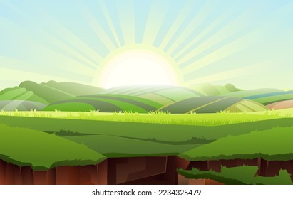 Break into abyss. Rural gardens hills. Sun dawn rays. Crack in ground. Soil burst into grass meadow. Cartoon style illustration. Vector