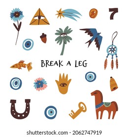 Break a leg collection. Various lucky charms of different cultures, all-seeing eye, four-leaf clover, devil eye, dala horse, hamsa, pansy flower, dream catcher, swallow bird, acorn, bell, penny, key