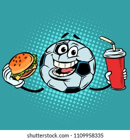Break the match. Fast food Cola and Burger. Football soccer ball. Funny character emoticon sticker. Sport world championship competition. Comic cartoon pop art retro vector illustration