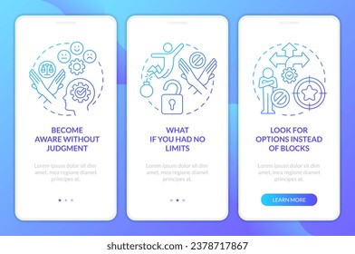 Break mindset limitations blue gradient onboarding mobile app screen. Walkthrough 3 steps graphic instructions with linear concepts. UI, UX, GUI template. Myriad Pro-Bold, Regular fonts used