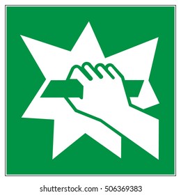 Break to obtain access, emergency sign, white hand icon, breaking glass on a green square background, vector illustration.