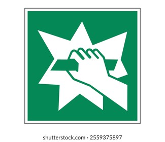 Break to Obtain Access Sign Featuring a Green Background with a White Hand Breaking Glass, Indicating Emergency Access, Available as a Vector File, ISO 7010 E008