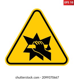 Interrumpir para obtener el signo de acceso. Ilustración vectorial del signo de advertencia del triángulo amarillo con el icono de la barra de sujeción de la mano dentro. Símbolo del dispositivo de salida de emergencia. Precaución.