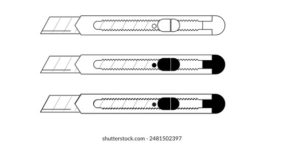 Cuchillos de trabajo. Cuchillo cortador de dibujos animados. cuchilla o cuchillo retráctil. Cortador de papel o cartón. Trabajo, herramientas escolares. Concepto de cuchillas retráctiles. Cuchillo o navaja. Hoja de repuesto para el cortador.