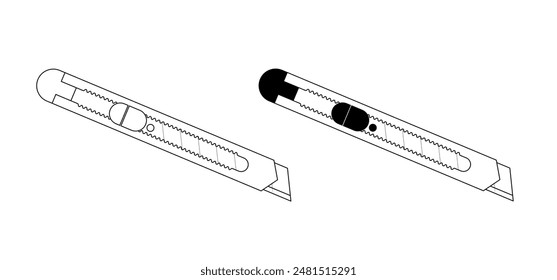 Break off knife. Cartoon cutter knives. retractable blade or knife. Paper or cardboard cutter. Work, school tools. break off blade concept. Utility knife or jackknife. Spare blade for cutter. 