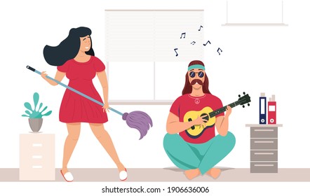 Break in office. Communication colleagues sing songs man sitting with guitar on floor, girl dancing with mop. Time for relaxation and rest at workplace, ompany employees play guitar in lounge area