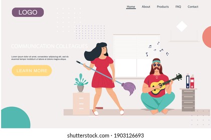 Break in office work illustration. Communication colleagues sing songs with guitar landing page template. Time for relaxation and rest at workplace, ompany employees play guitar in lounge area