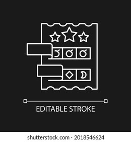 Break open lottery ticket white linear icon for dark theme. Instant prizes for winning combinations. Thin line customizable illustration. Isolated vector contour symbol for night mode. Editable stroke