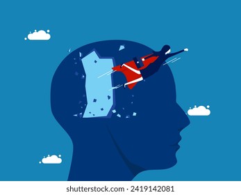 Break the original mindset. Businesswoman flies past traditional thinking 