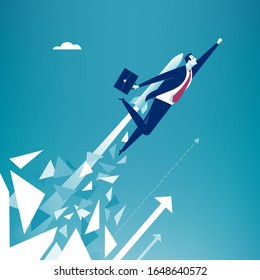 Break out.  Businessman breaks surface and flying up powered by rocket engine. Business vector illustration.