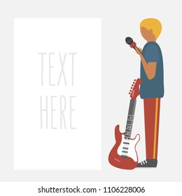 break pause isolated cartoon. male or man hold mike, mic or michrophone & electric guitar flat design vector. musician guitarist band performance in concert. make music background. soloist & frontman.