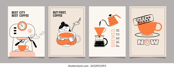 Сoffee break poster design. Illustrations with icons, stickers for menu, kitchen, cafe, store. Character, hand with mug. Coffee machine, pour-over dripper, coffeepot. Vector minimalist art.
