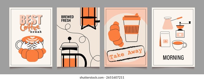 Сoffee break posters design. Illustrations with icons, stickers for menu, kitchen, cafe, pause, store. Hands with coffee mug. French press, grinder, croissant. Vector minimalist art.
