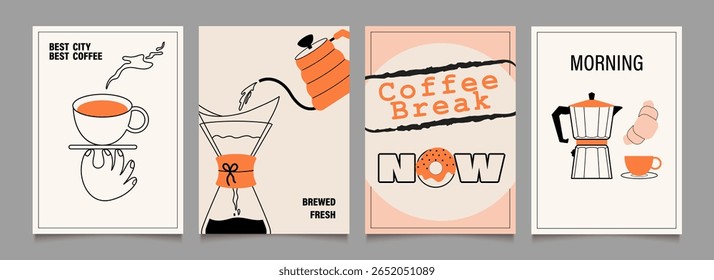 Сoffee break posters design. Illustrations with icons, stickers for menu, kitchen, cafe, pause, store. Drip coffee, hand, mug, kettle, croissant. Vector minimalist art.

