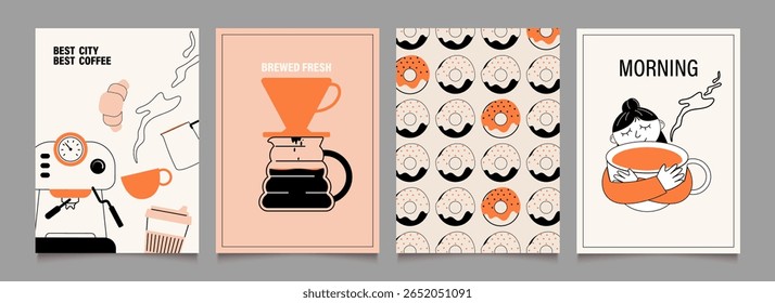 Сoffee break posters design. Illustrations with icons, stickers for menu, kitchen, cafe, pause, store. Character with coffee mug. Pour-over dripper,machine,croissant. Vector minimalist art.
