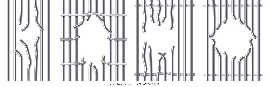 Break prison metal bars. Hole in jail lattice, broken iron cage and jailbreak vector illustration set of freedom grate, grid prison break