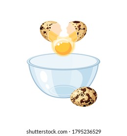 Rompa el huevo de codorniz y vierta en un tazón. Icono plano de ilustración vectorial aislado en fondo blanco.