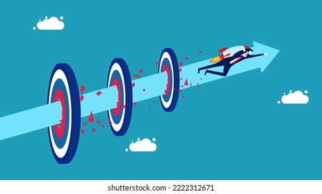 Break records and achieve goals. Businessman flying with rocket hitting target