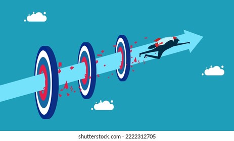 Break records and achieve goals. Businessman flying with rocket hitting target