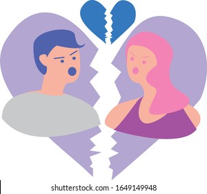 Break Up Relationship Broken Heart Couple Fight Symbol. Uhappy Sad Couple In Depression Having Relationship Problem Life Crisis Break Up Divorce Concept Man Woman. Vector Illustration