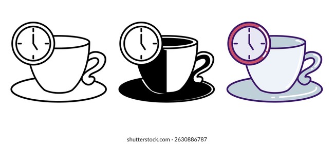 Break Reminder icon represented by coffee cup, watch Line, Filled, Color style.